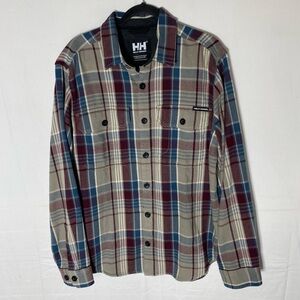 Helly Hansen Tan Burgundy Blue Plaid Cotton Twill Button Up Shirt Shacket L